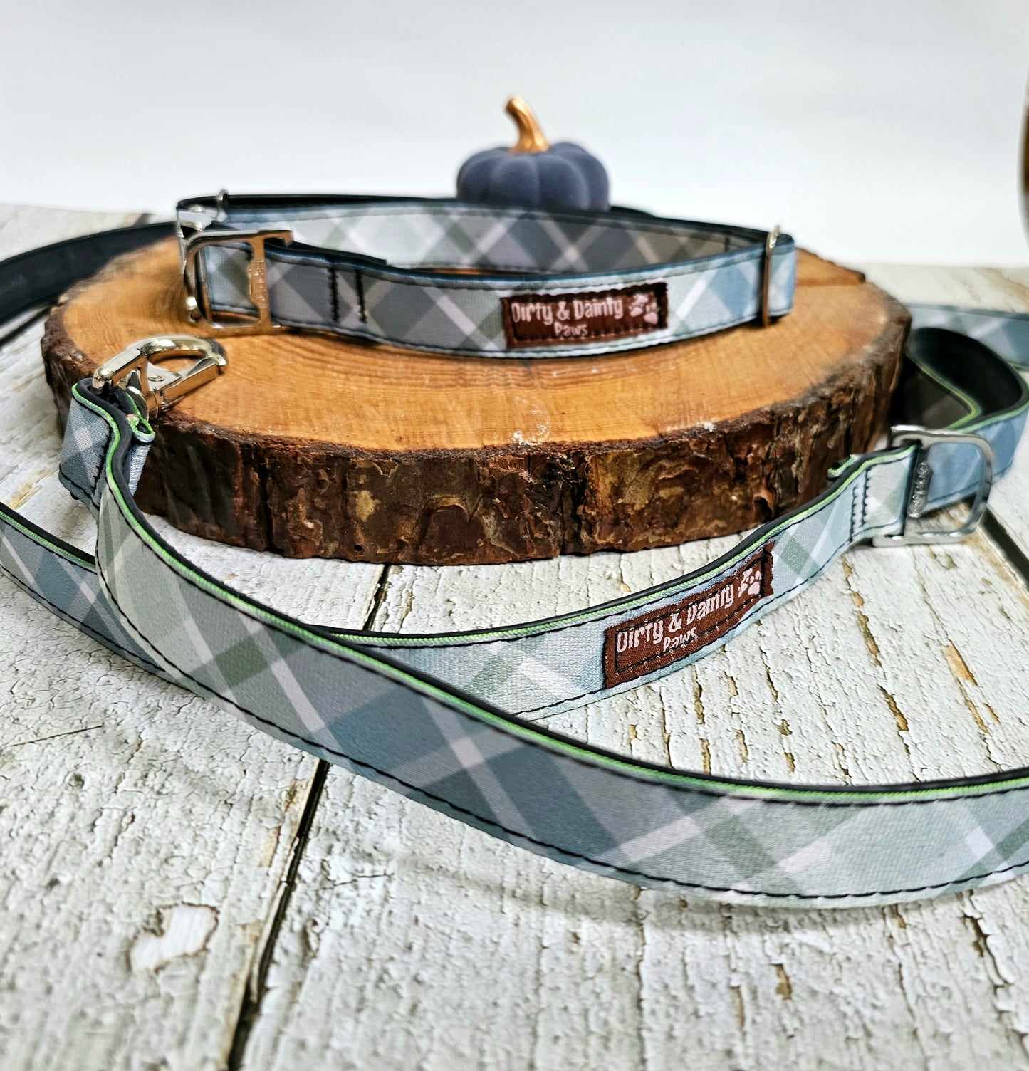 Boho Blue Plaid Dog Collar | Eco-Friendly, Waterproof & NO Stink