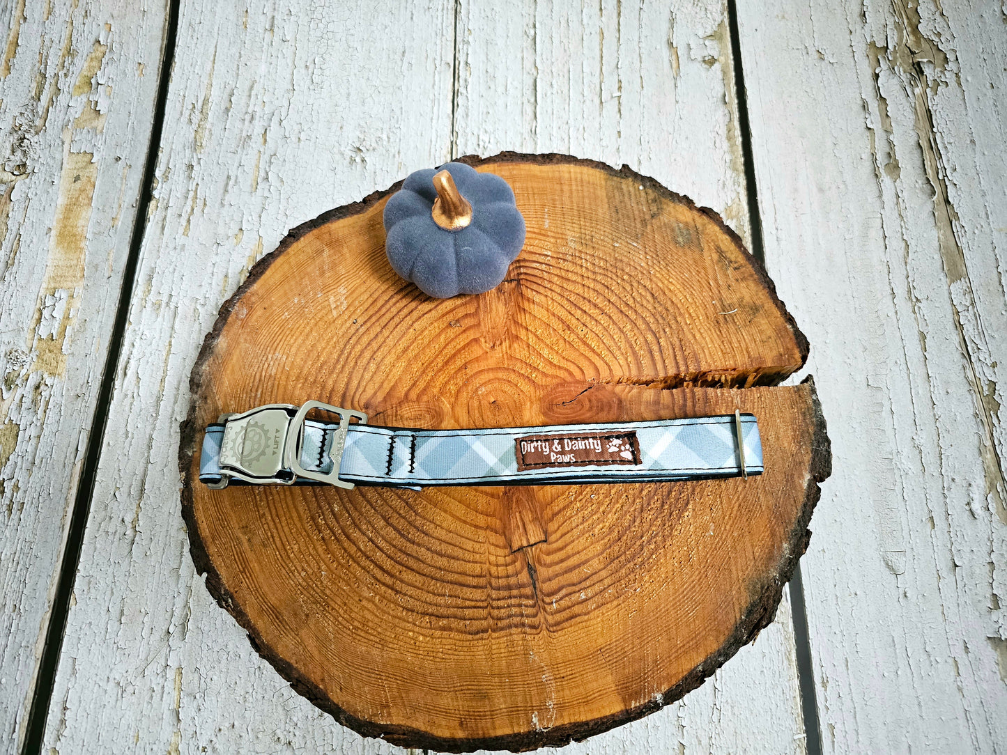 Boho Blue Plaid Dog Collar | Eco-Friendly, Waterproof & NO Stink