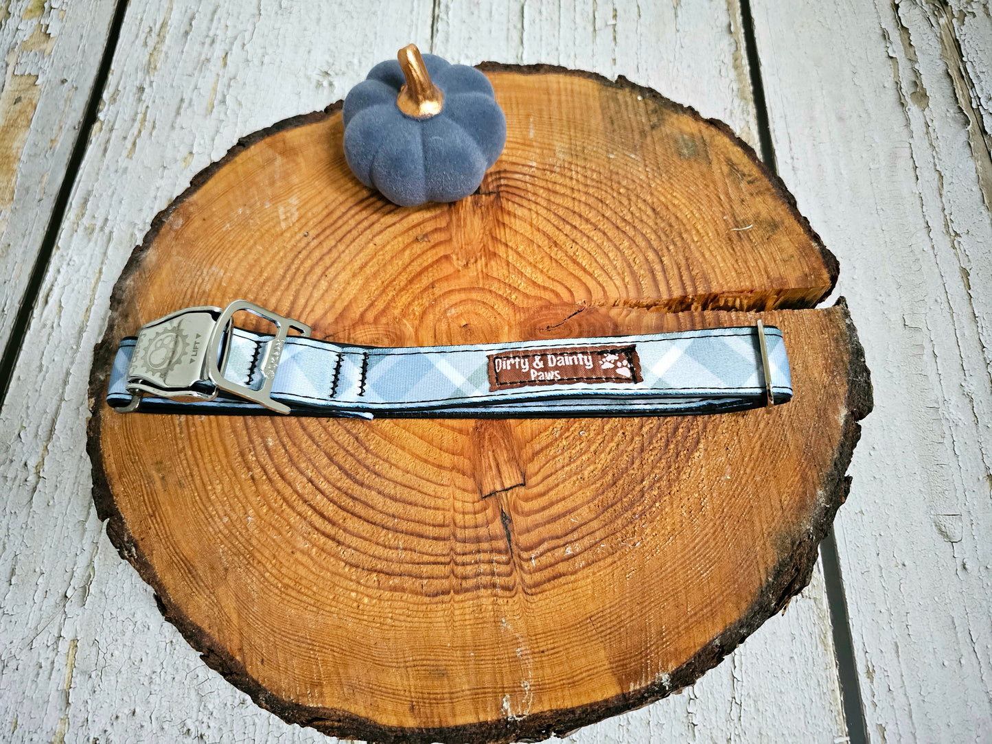 Boho Blue Plaid Dog Collar made from re-purposed bicycle tires, featuring a dual-duty leash attachment and additional ID spot. Waterproof, naturally antibacterial, and machine washable.