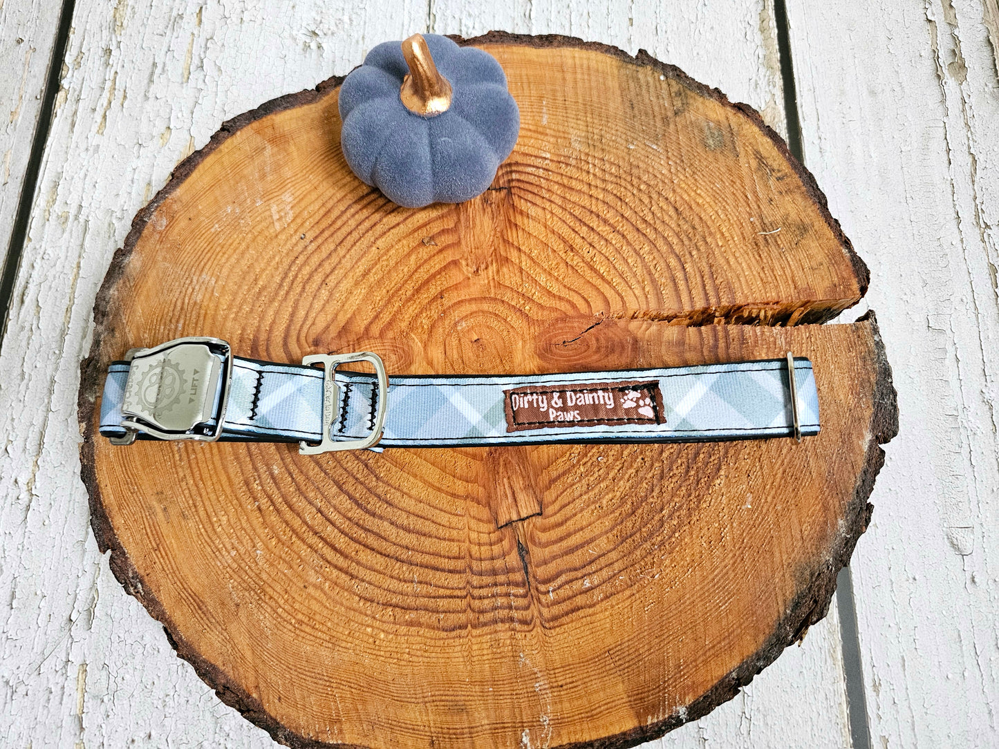 Boho Blue Plaid Dog Collar | Eco-Friendly, Waterproof & NO Stink