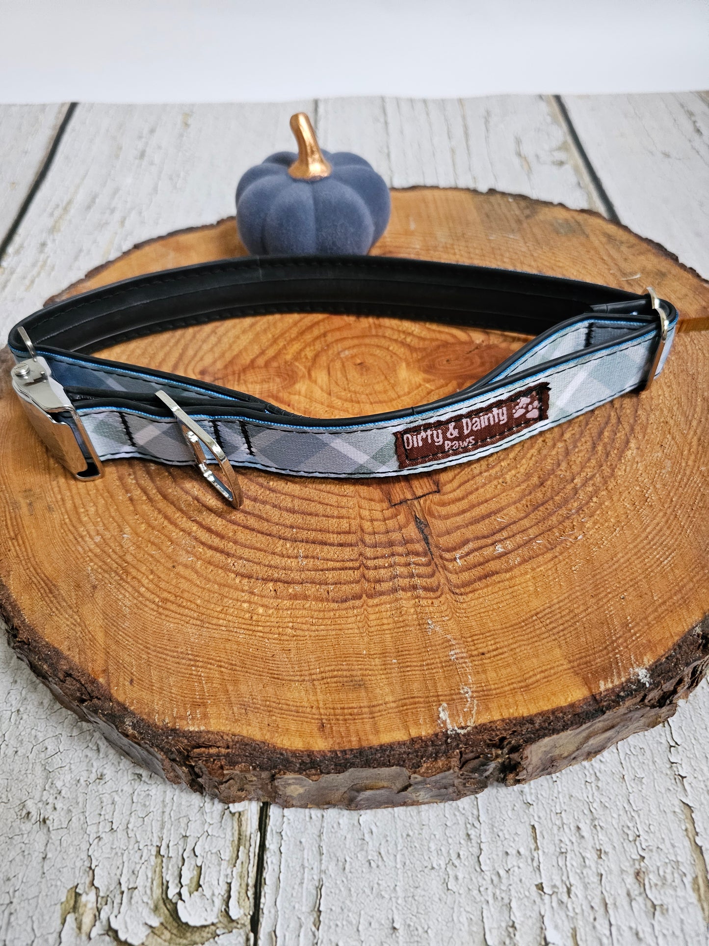 Boho Blue Plaid Dog Collar | Eco-Friendly, Waterproof & NO Stink