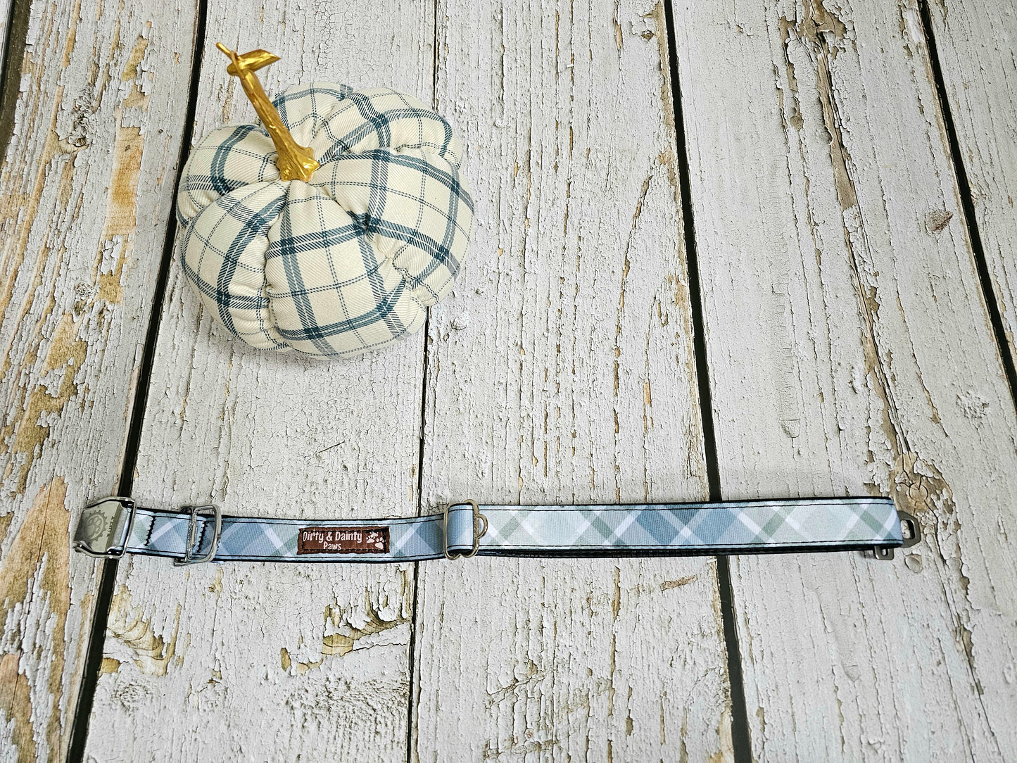 Boho Blue Plaid Dog Collar | Eco-Friendly, Waterproof & NO Stink