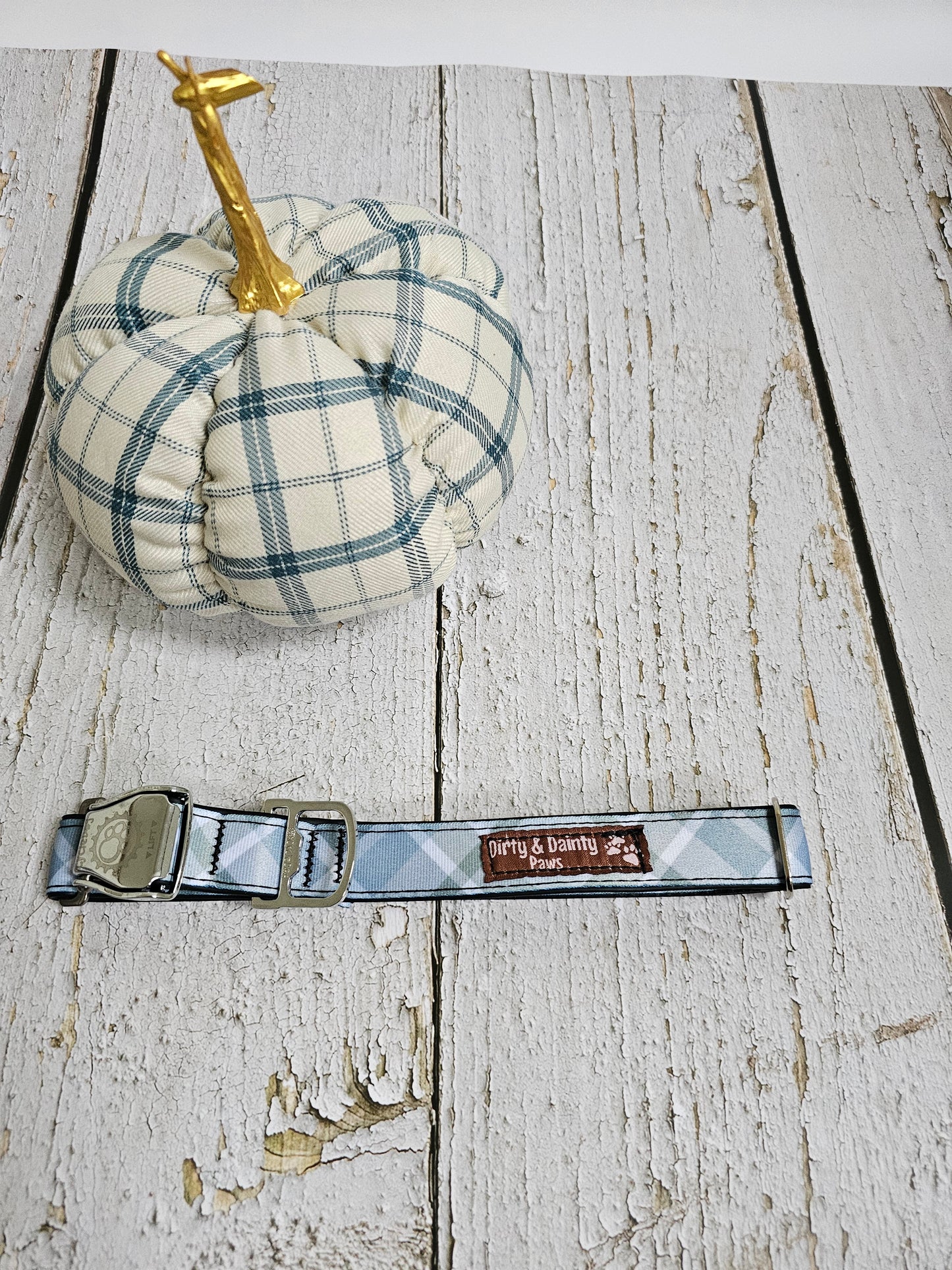 Boho Blue Plaid Dog Collar | Eco-Friendly, Waterproof & NO Stink