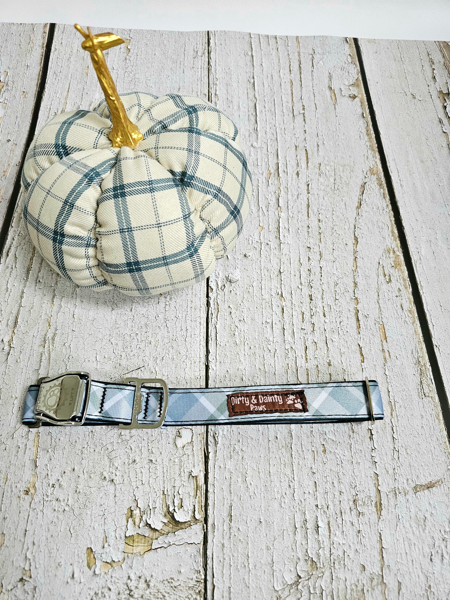 Boho Blue Plaid Dog Collar | Eco-Friendly, Waterproof & NO Stink