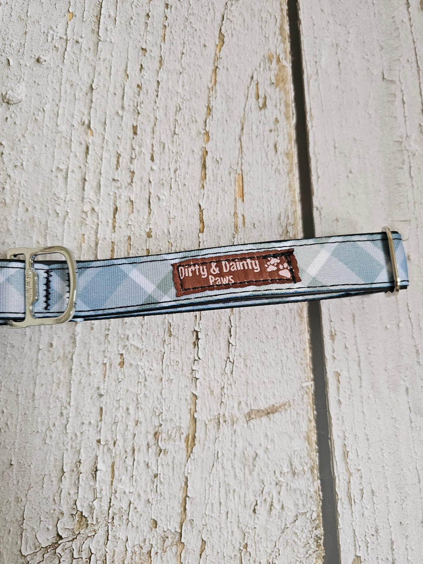 Boho Blue Plaid Dog Collar | Eco-Friendly, Waterproof & NO Stink
