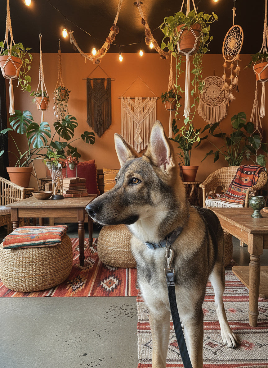 Boho Blue Plaid Dog Collar made from re-purposed bicycle tires, featuring a dual-duty leash attachment and additional ID spot. Waterproof, naturally antibacterial, and machine washable.