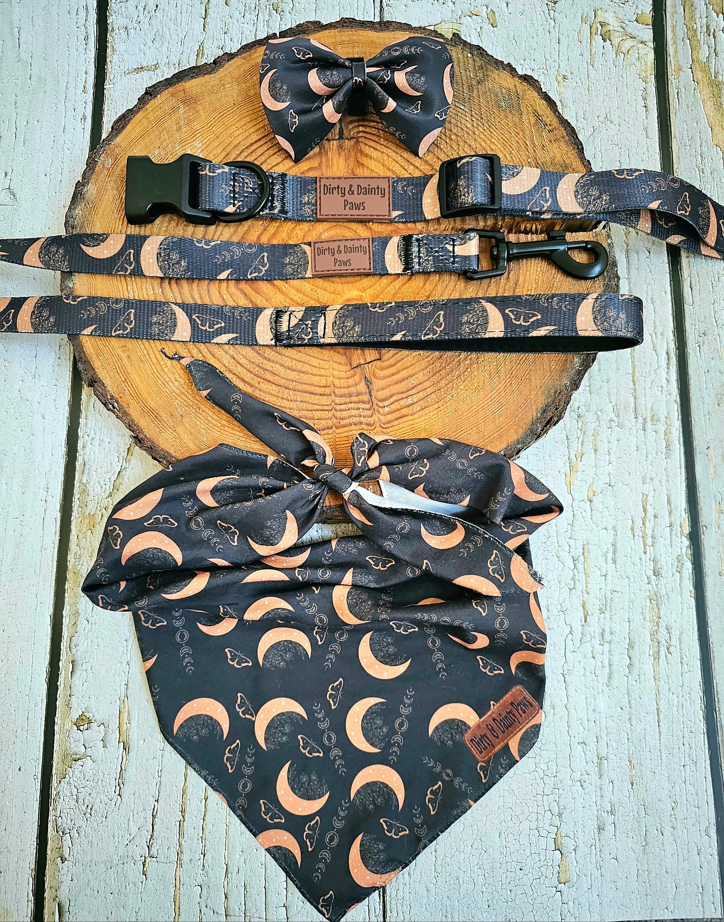 Boho Nights Collar Celestial Collar with paw print buckle. Moon, moths and crystal prints. Rubber logo tag