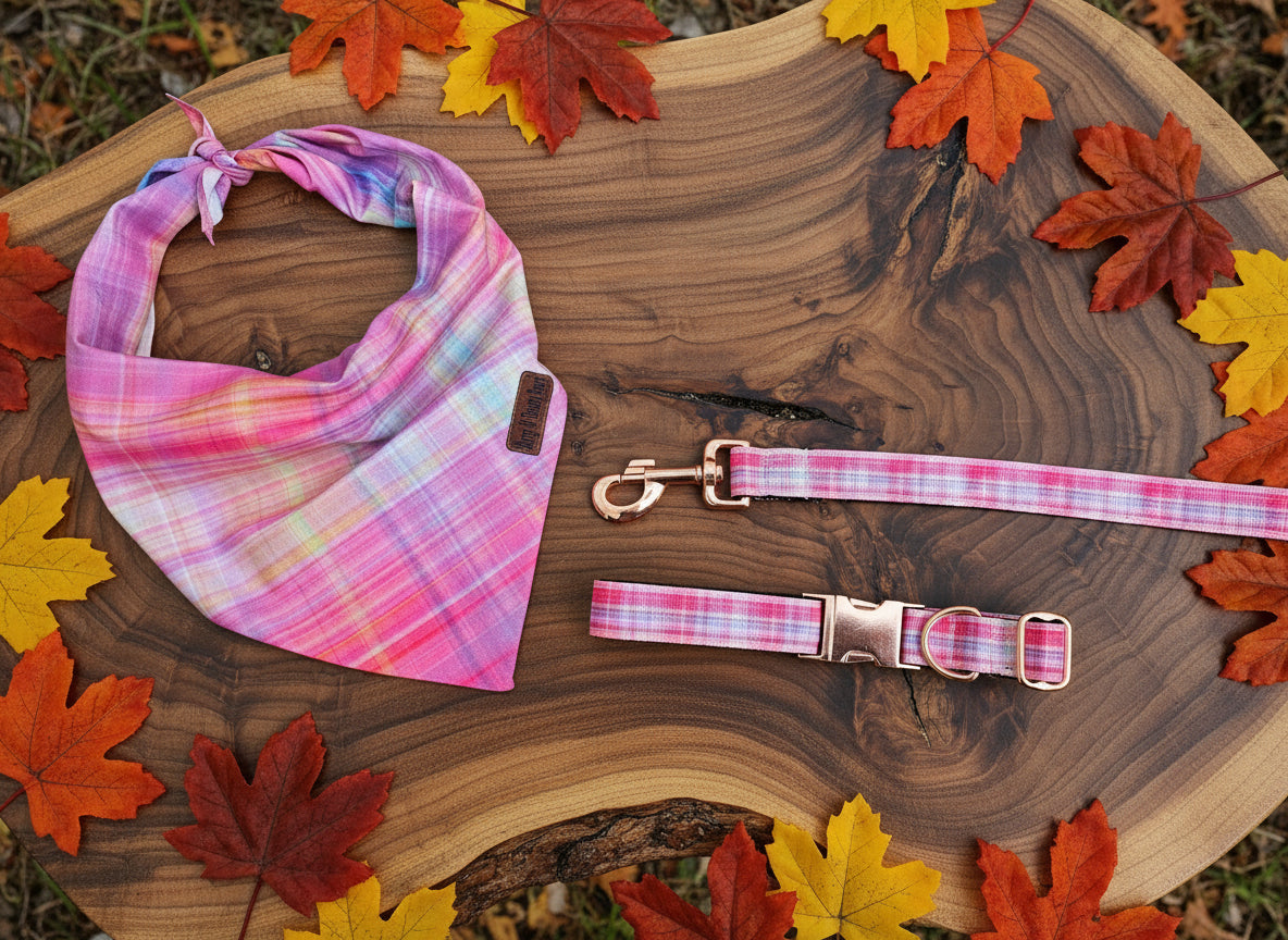 Sunset Plaid Nylon Dog Collar| Durable Dog Collar| Rose Gold Hardware