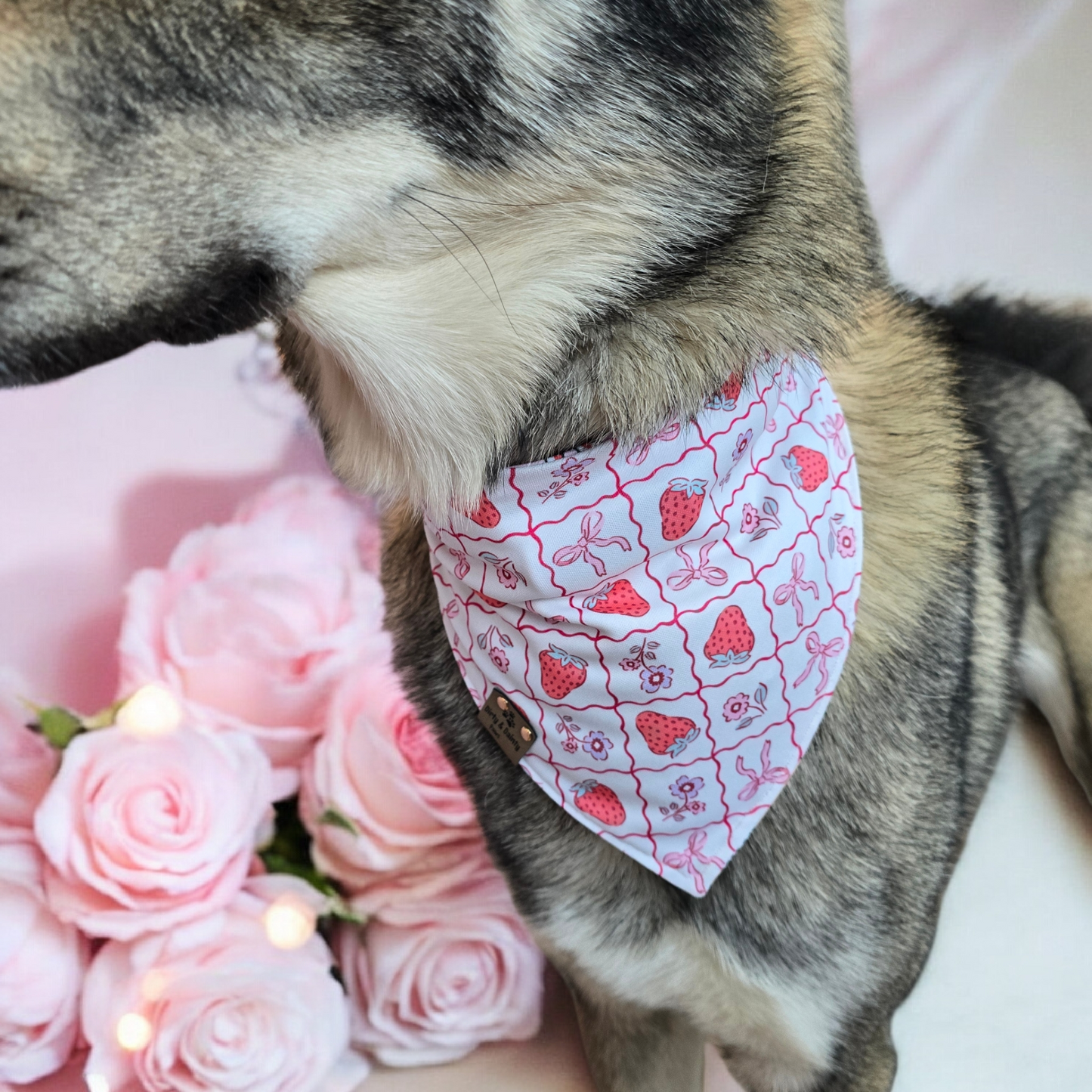Mom’s Valentine Candy Hearts | Strawberry Bow Grid | Sports Piqué Reversible Scrunchie Dog Bandana