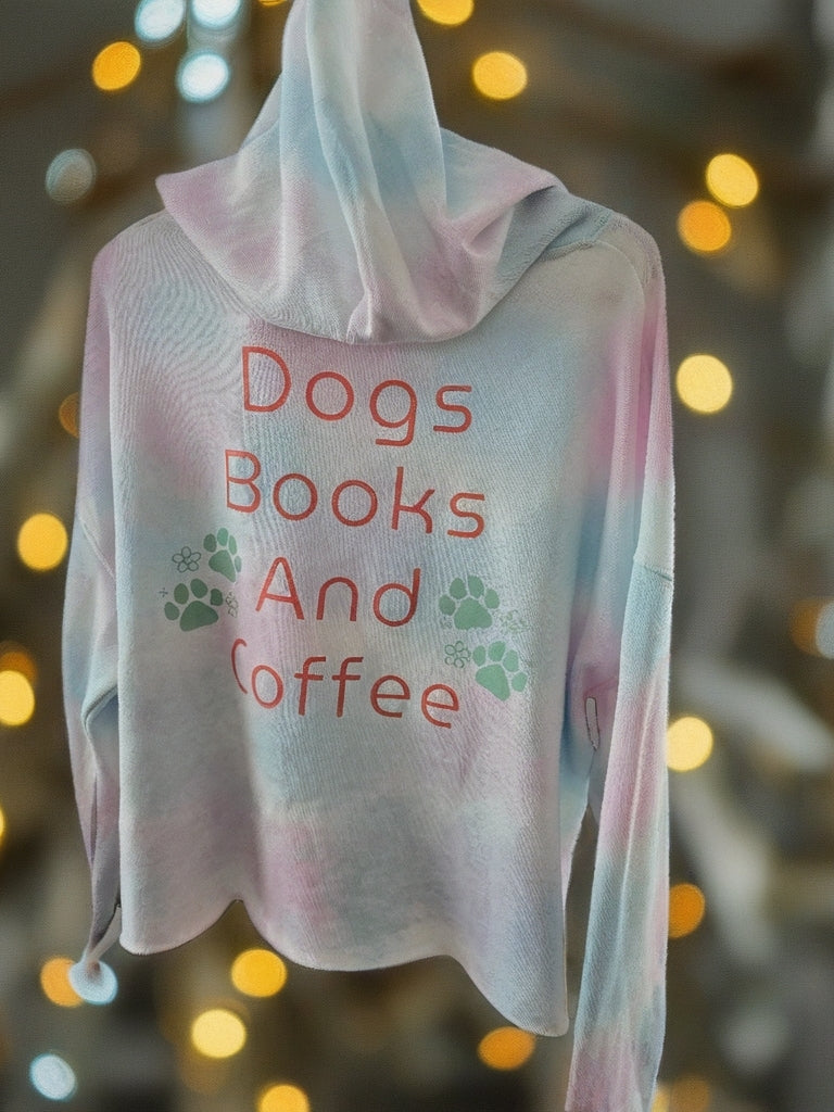 Dogs, Books, and Coffee Women’s Lightweight Cropped Hoodie - Tie Dye Cotton Candy