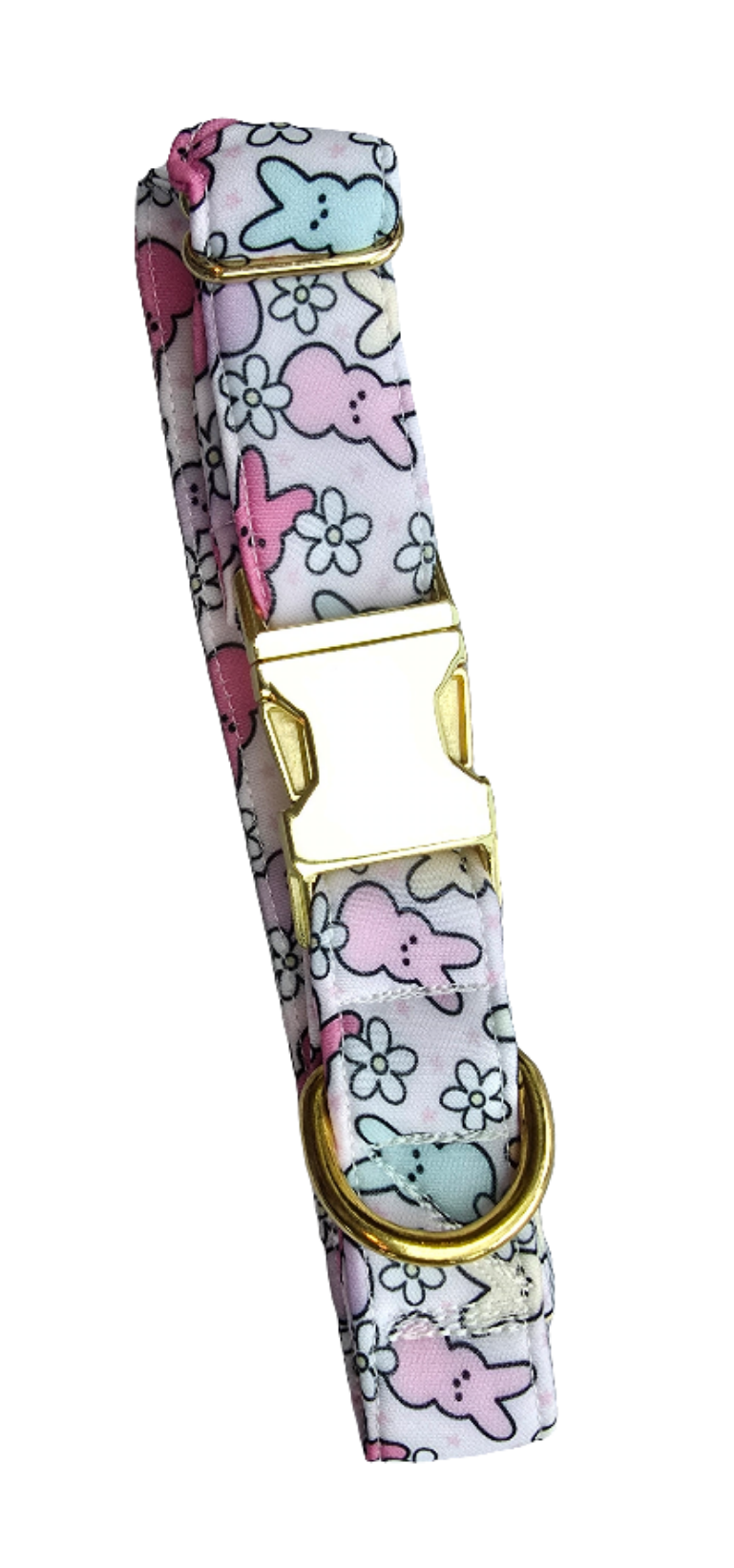 Adjustable neoprene dog collar featuring a pastel Easter Peeps bunny pattern, displayed on a soft faux fur background.