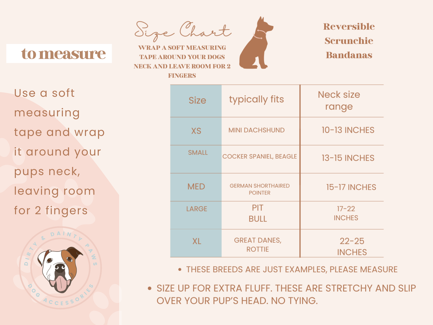 Size chart for reversible scrunchie bandanas with dog illustrations and measurements.