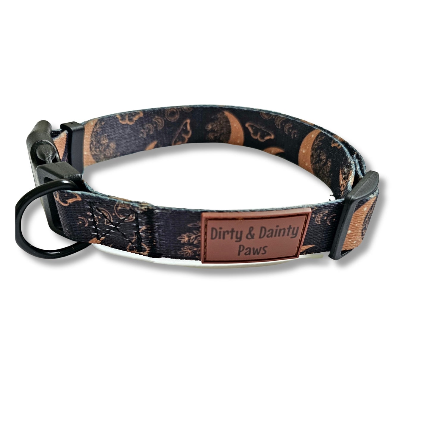 Boho Nights Collar Celestial Collar with paw print buckle. Moon, moths and crystal prints. Rubber logo tag