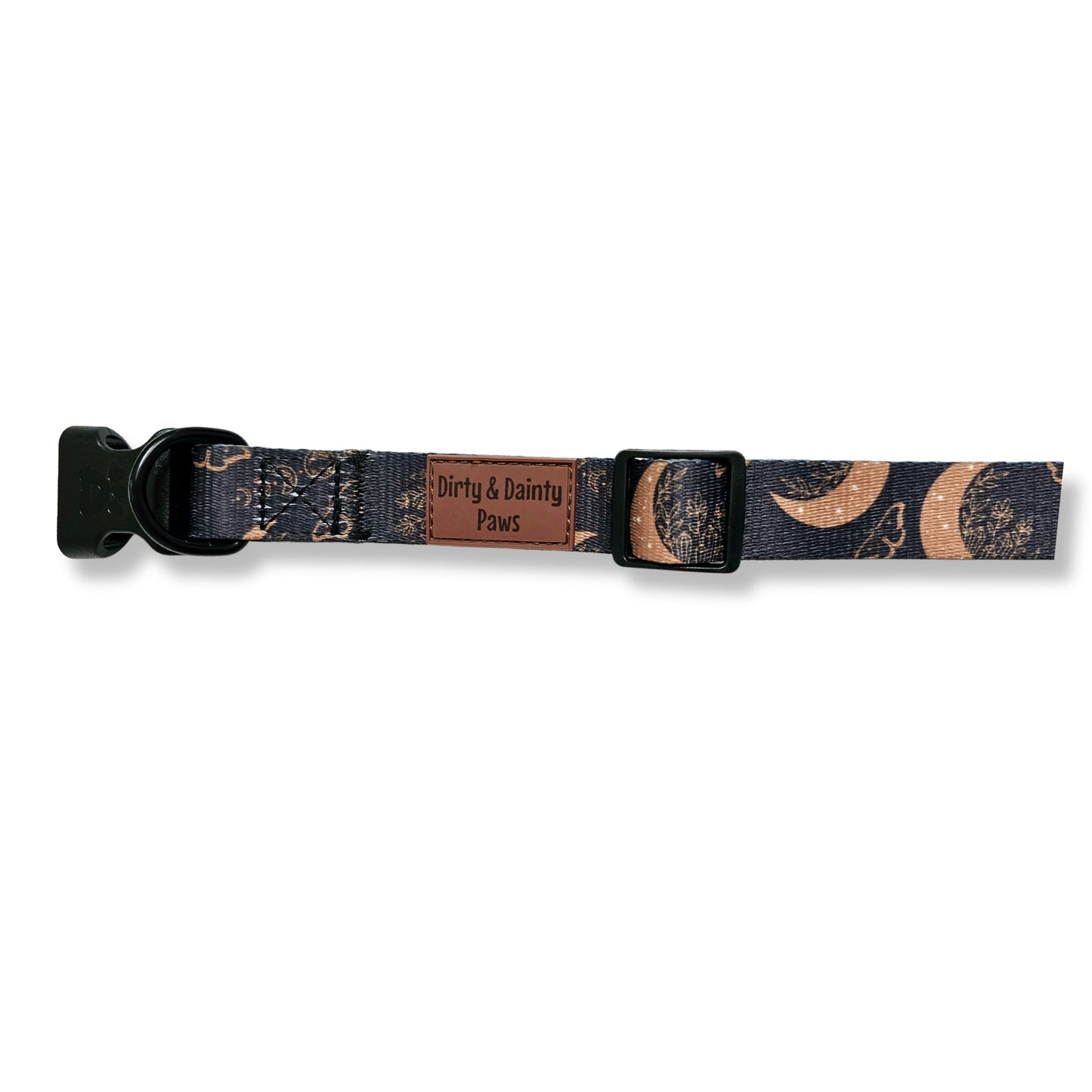 Boho Nights Collar Celestial Collar with paw print buckle. Moon, moths and crystal prints. Rubber logo tag