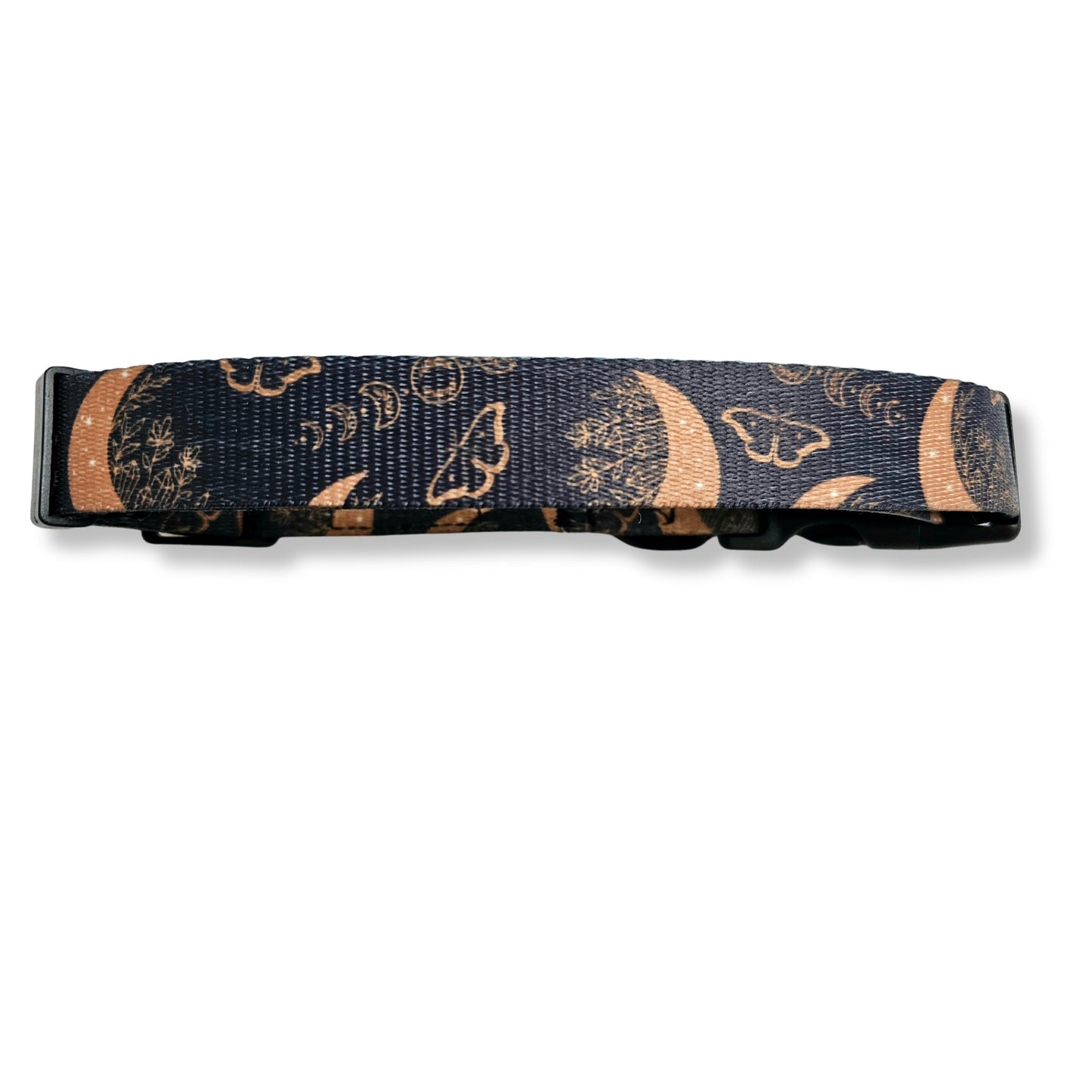 Boho Nights Collar Celestial Collar with paw print buckle. Moon, moths and crystal prints. Rubber logo tag