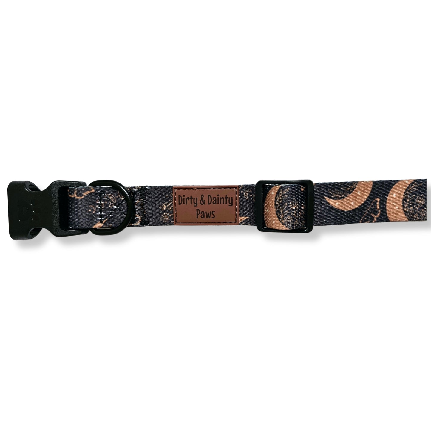 Boho Nights Collar Celestial Collar with paw print buckle. Moon, moths and crystal prints. Rubber logo tag