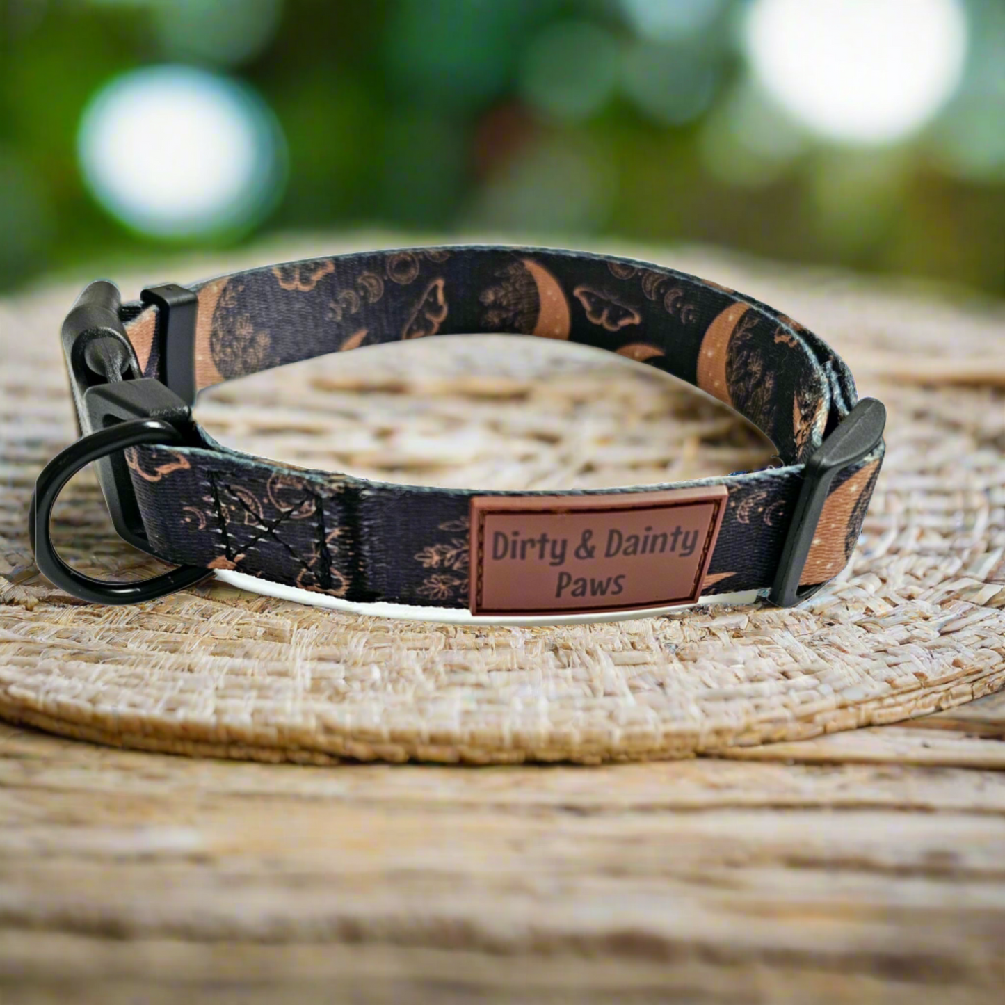 Boho Nights Collar Celestial Collar with paw print buckle. Moon, moths and crystal prints. Rubber logo tag