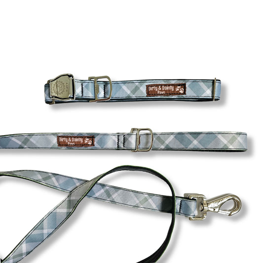 Eco Friendly Blue Plaid or Fall Leaves Dog Collar and Leash Bundle