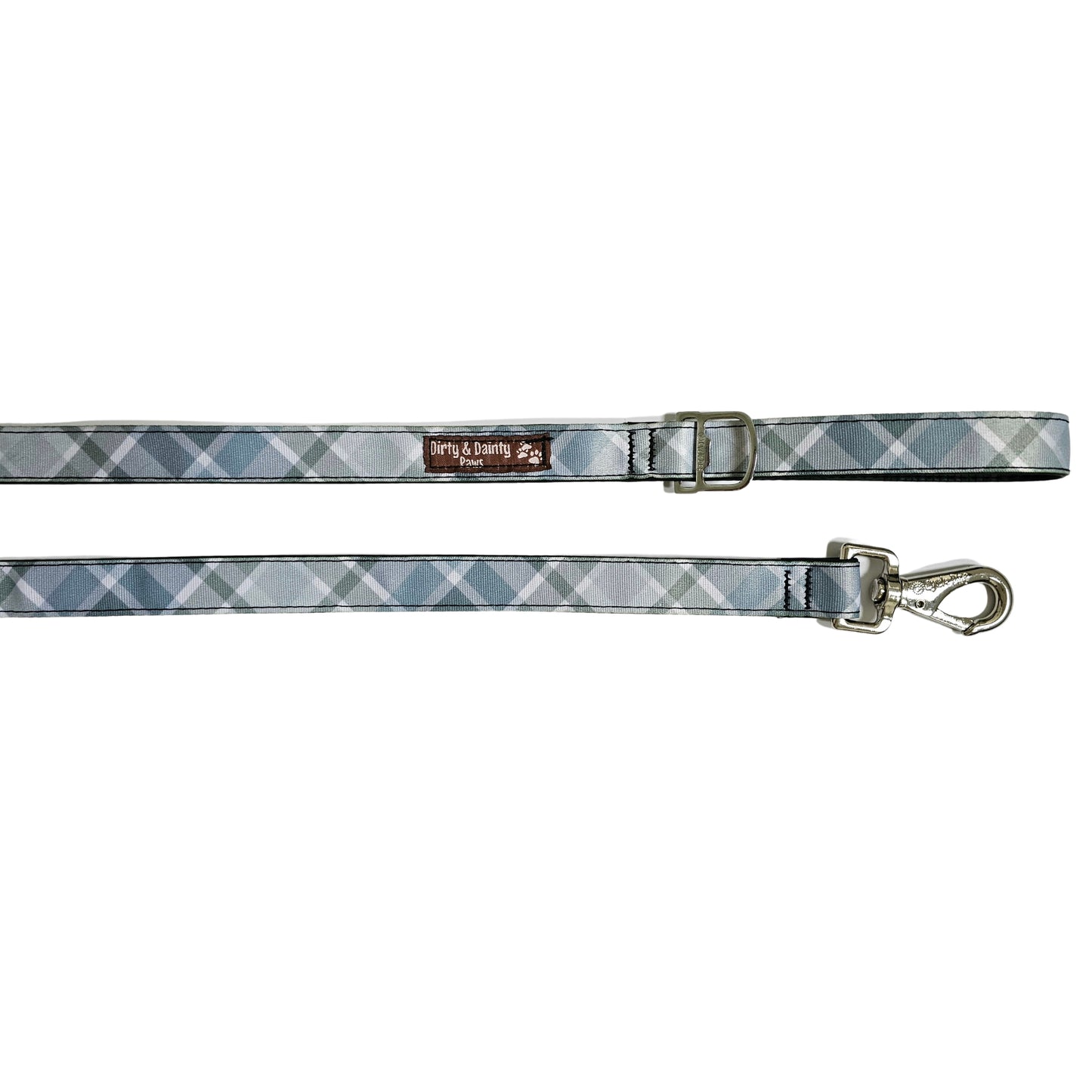 Dirty & Dainty Paws Boho Blue Plaid Dog Leash featuring a stylish plaid pattern, durable metal clasp, and a built-in bottle opener. Made from repurposed bicycle tires.