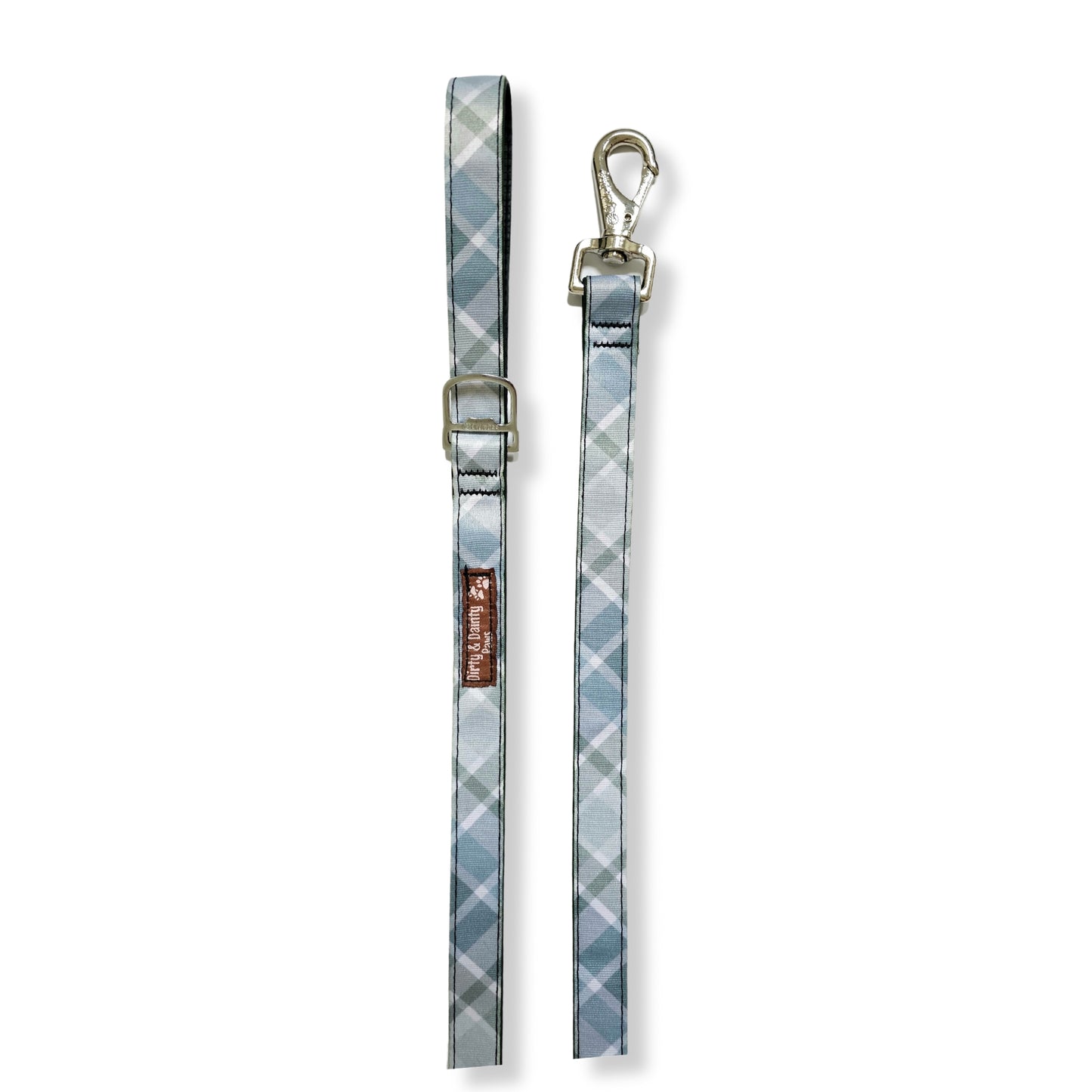 Dirty & Dainty Paws Boho Blue Plaid Dog Leash featuring a stylish plaid pattern, durable metal clasp, and a built-in bottle opener. Made from repurposed bicycle tires.