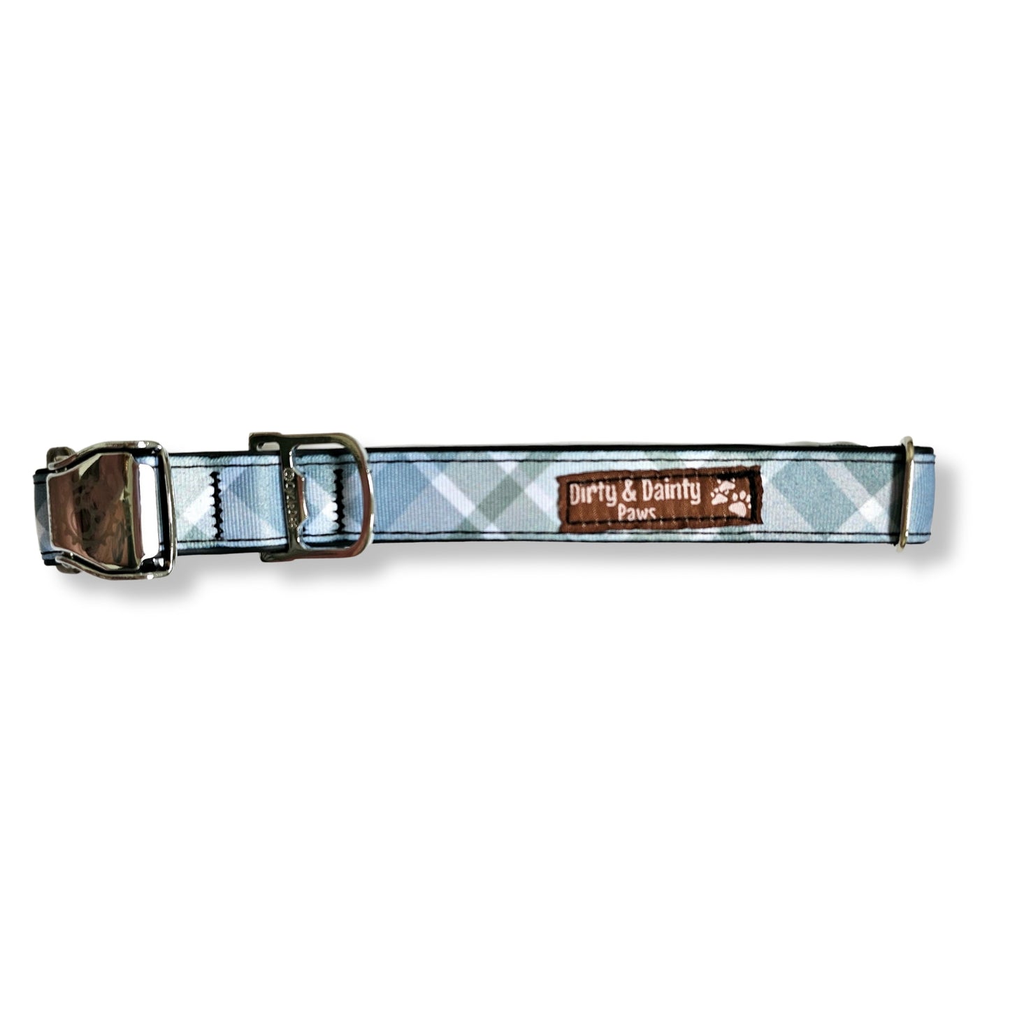 Boho Blue Plaid Dog Collar made from re-purposed bicycle tires, featuring a dual-duty leash attachment and additional ID spot. Waterproof, naturally antibacterial, and machine washable.
