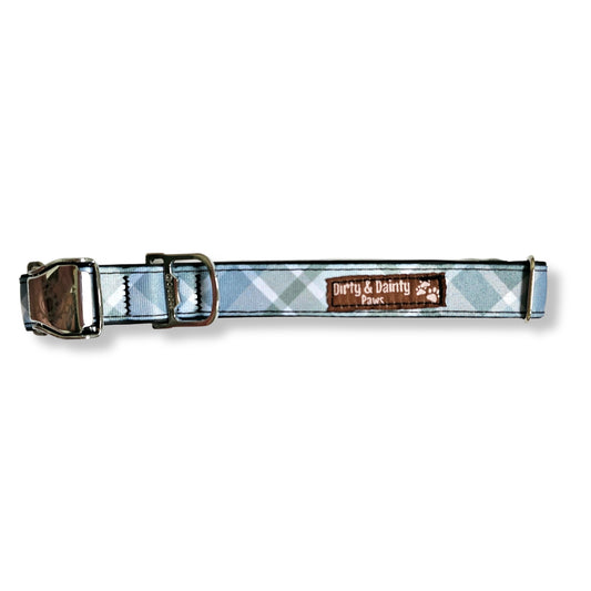 Boho Blue Plaid Dog Collar made from re-purposed bicycle tires, featuring a dual-duty leash attachment and additional ID spot. Waterproof, naturally antibacterial, and machine washable.