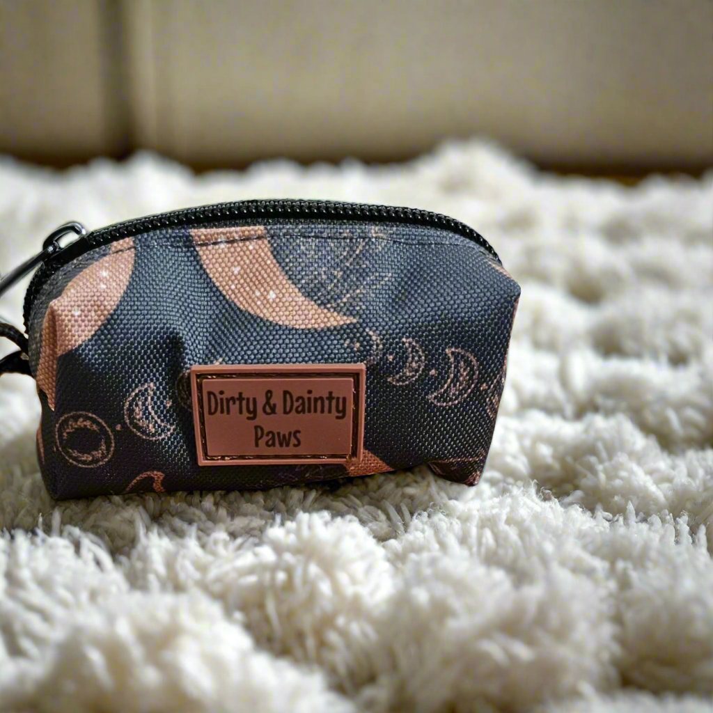 Boho Nights Poop Bag Holder - Stylish Waste Bag Holder with Celestial Charm with moons, moths, and crystals