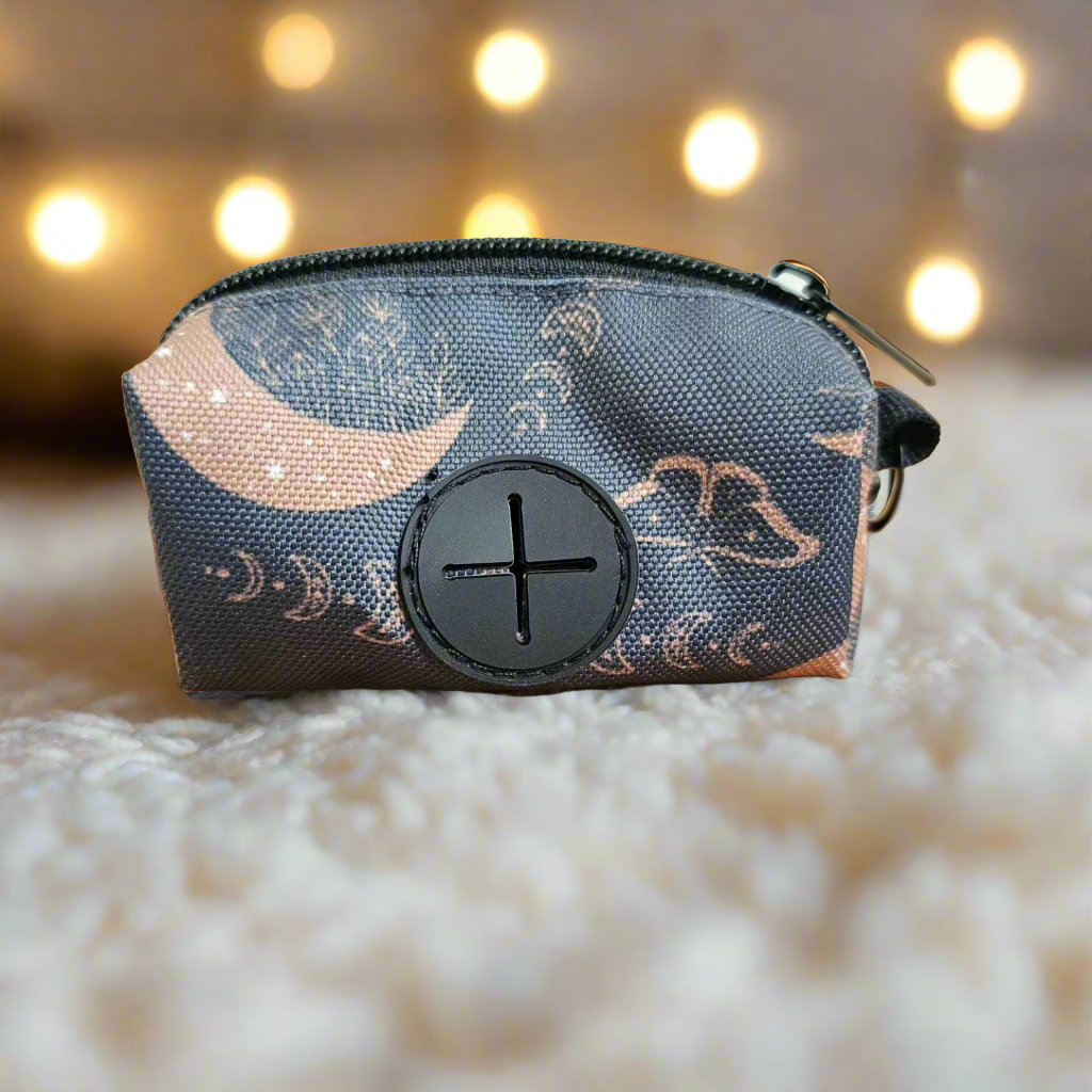 Boho Nights Poop Bag Holder - Stylish Waste Bag Holder with Celestial Charm with moons and moths and crystals