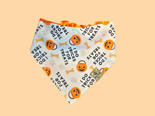 I Do Tricks For Treats| Cutest Little Pumpkin Cozy Cotton Reversible Scrunchie Dog Bandana