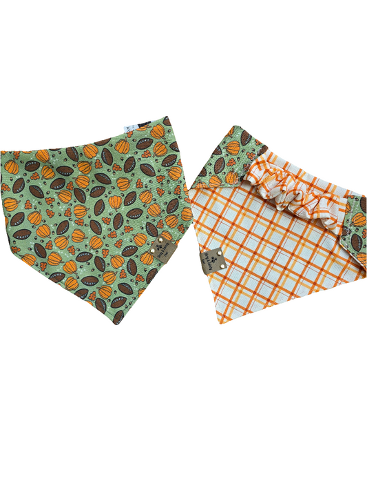 Fall Football, Pumpkins| Orange Plaid Cozy Cotton Reversible Scrunchie Dog Bandanas