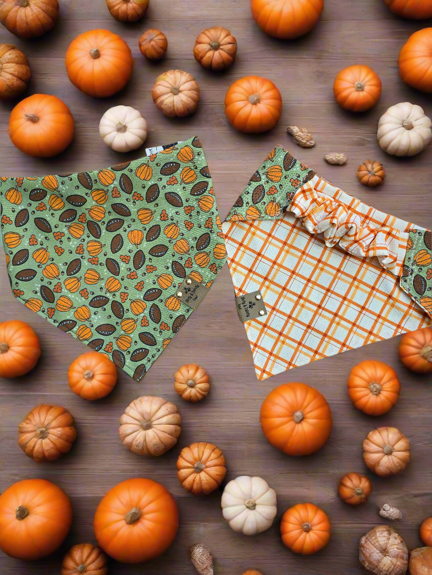 Fall Football, Pumpkins| Orange Plaid Cozy Cotton Reversible Scrunchie Dog Bandanas