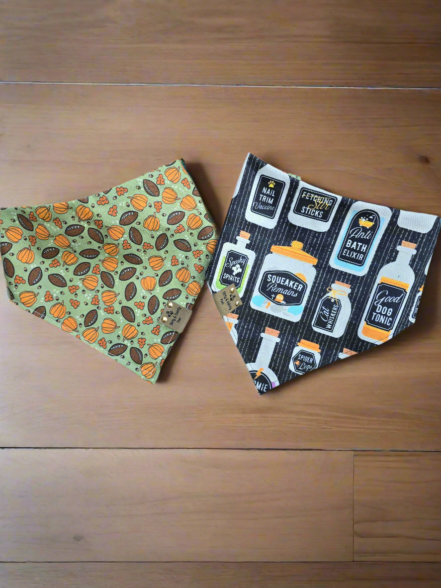 Fall Football, Pumpkins| Orange Plaid Cozy Cotton Reversible Scrunchie Dog Bandanas
