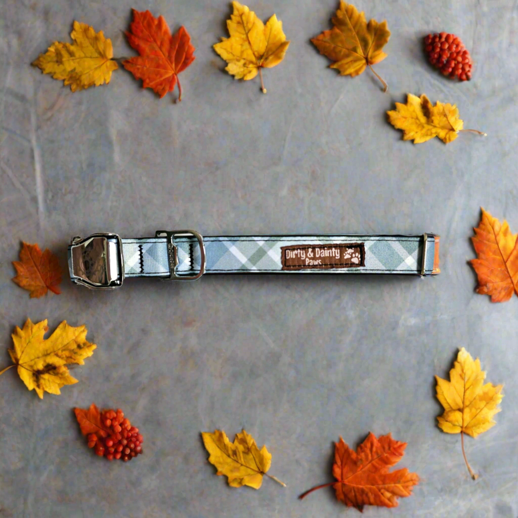 Boho Blue Plaid Dog Collar | Eco-Friendly, Waterproof & NO Stink