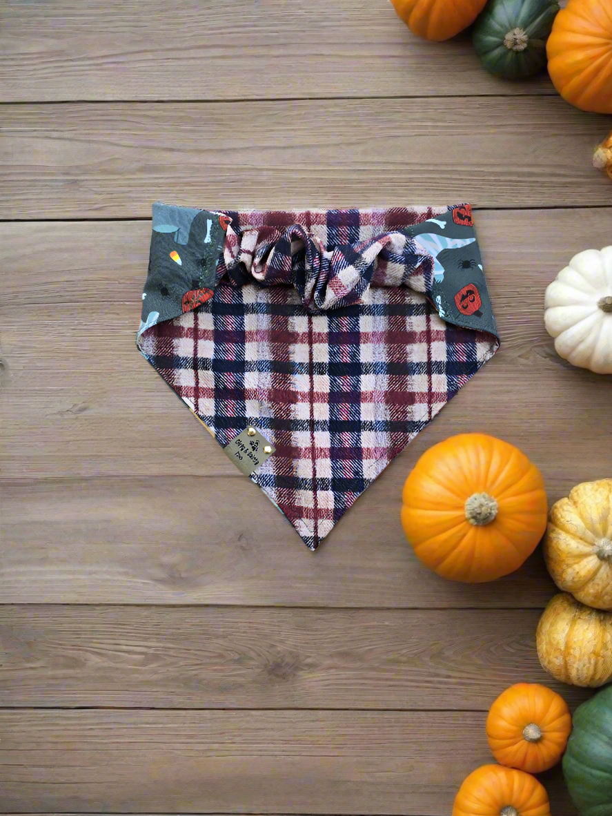 Dino Pumpkin Heads | Plaid ZoomieProof™ Reversible Scrunchie Dog Bandana