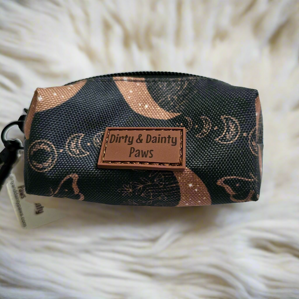 Boho Nights Poop Bag Holder - Stylish Waste Bag Holder with Celestial Charm with moons and moths and crystals