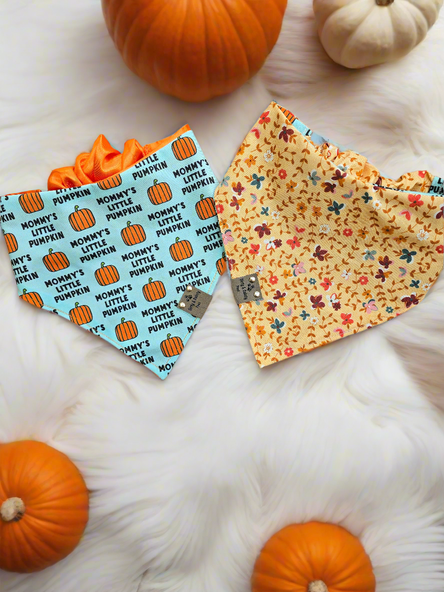Mommy's Little Pumpkin|Cutest Little Pumpkin|Fall Floral Cozy Cotton Reversible Scrunchie Dog Bandana