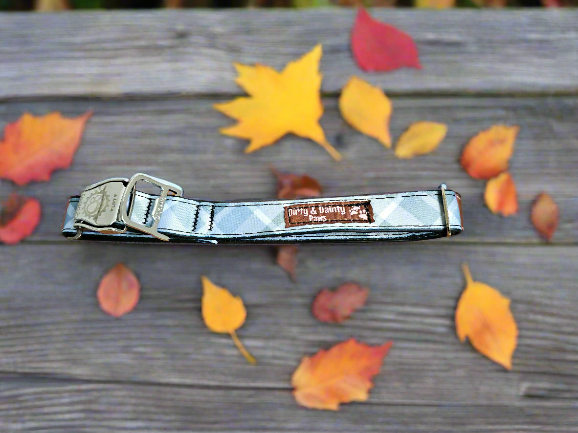 Boho Blue Plaid Dog Collar | Eco-Friendly, Waterproof & NO Stink