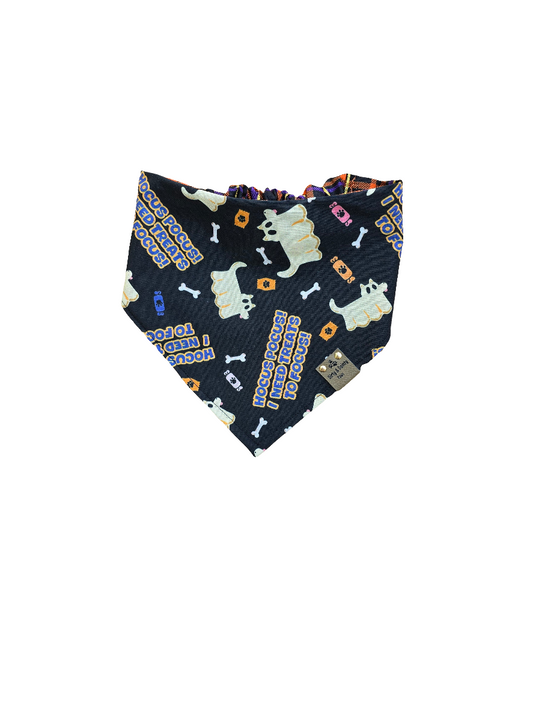 Hocus Pocus I Need Treats To Focus| Halloween Plaid Cozy Cotton Reversible Scrunchie Dog Bandana