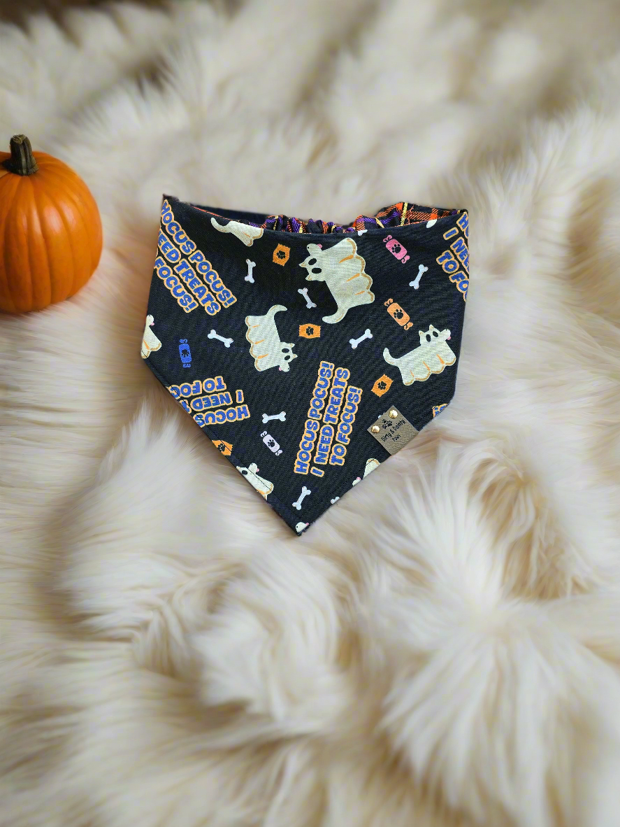 Hocus Pocus I Need Treats To Focus| Halloween Plaid Cozy Cotton Reversible Scrunchie Dog Bandana