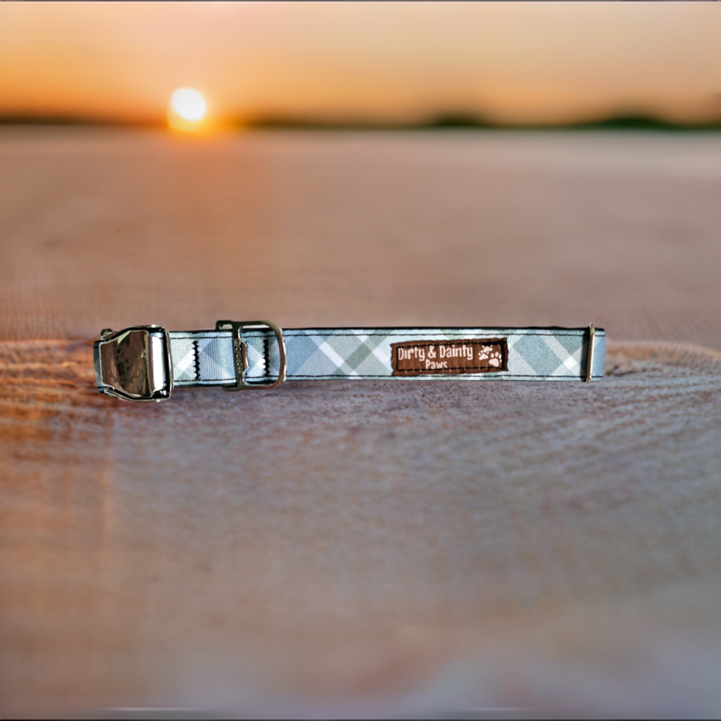 Boho Blue Plaid Dog Collar made from re-purposed bicycle tires, featuring a dual-duty leash attachment and additional ID spot. Waterproof, naturally antibacterial, and machine washable.