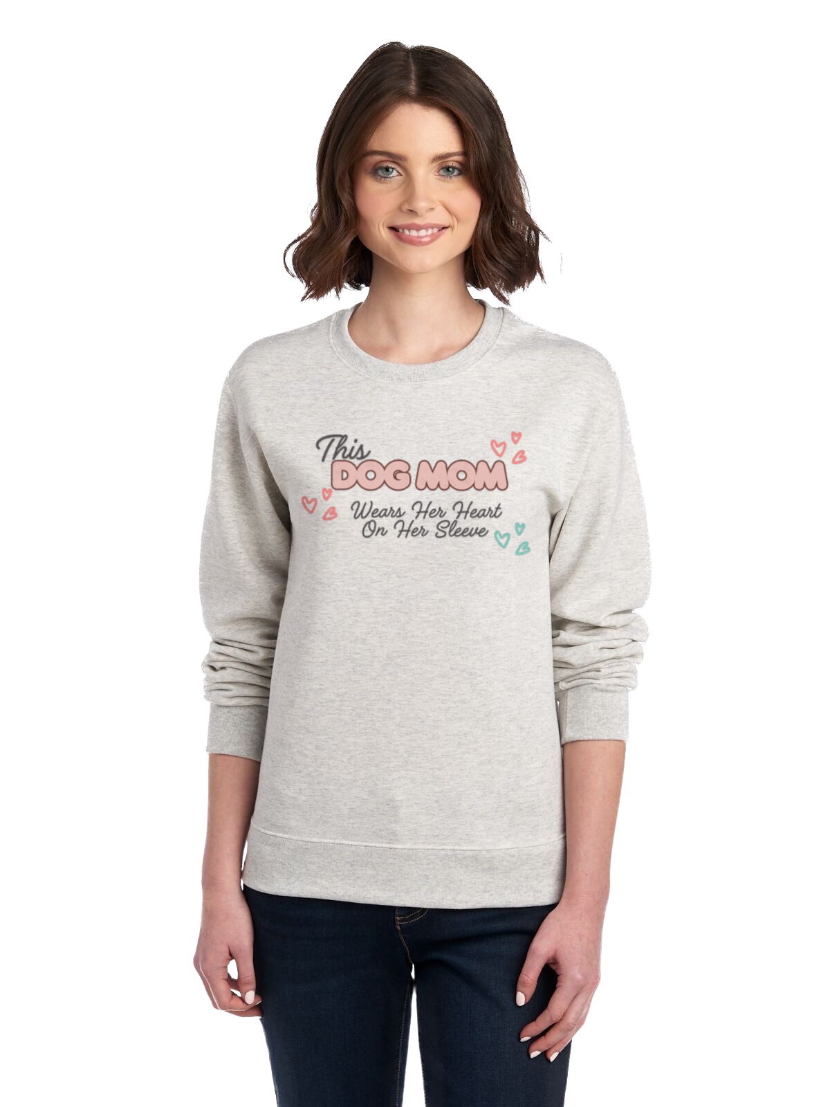 This Dog Mom Wears Her Heart on Her Sleeve -ADD YOUR DOGS NAME AND EAR OUTLINE Personalized Crewneck Sweatshirt