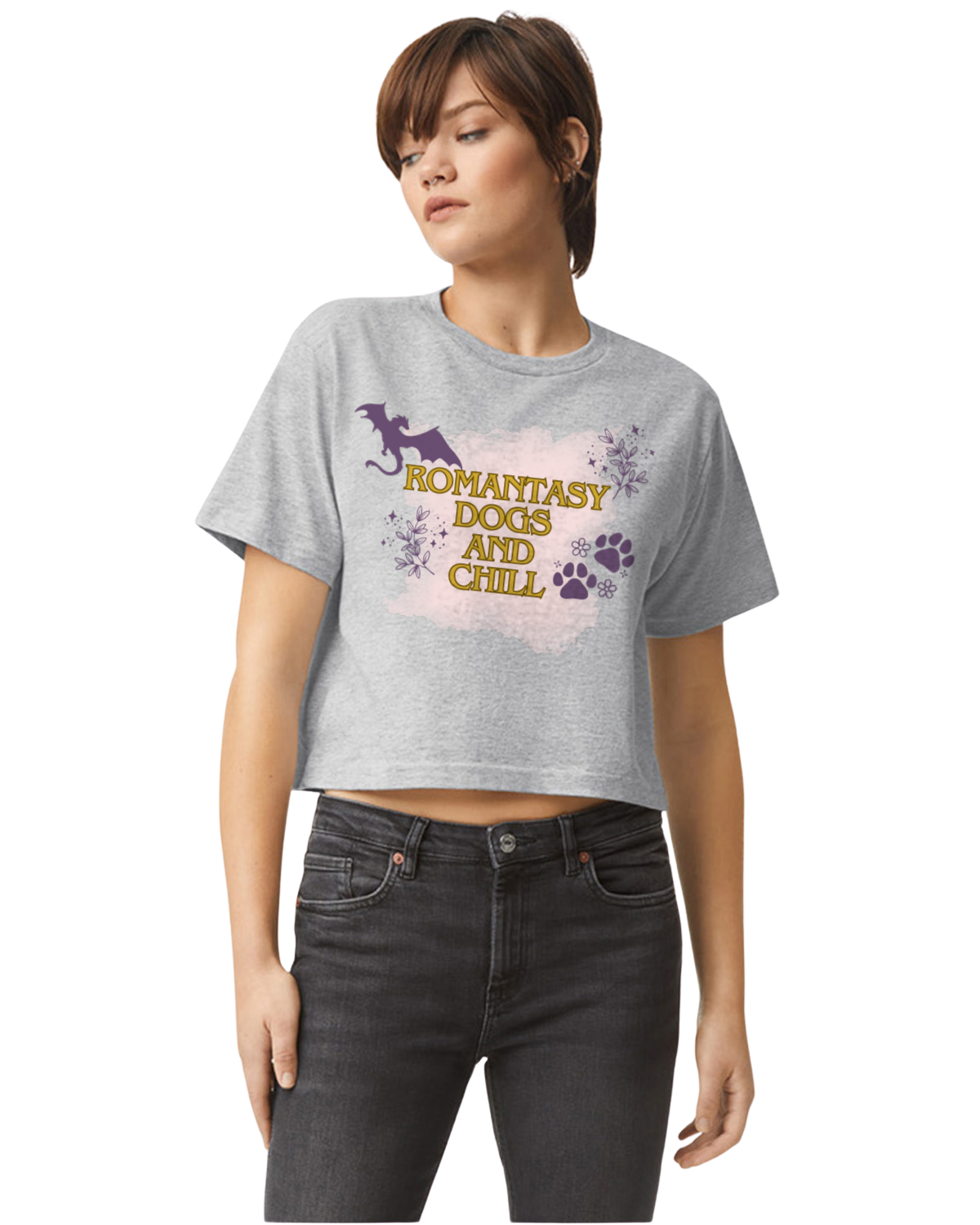 Romantasy, Dogs and Chill Boxy Tshirt Heather Grey
