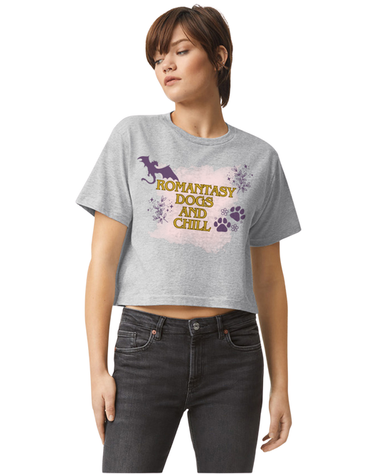 Romantasy, Dogs and Chill Boxy Tshirt Heather Grey
