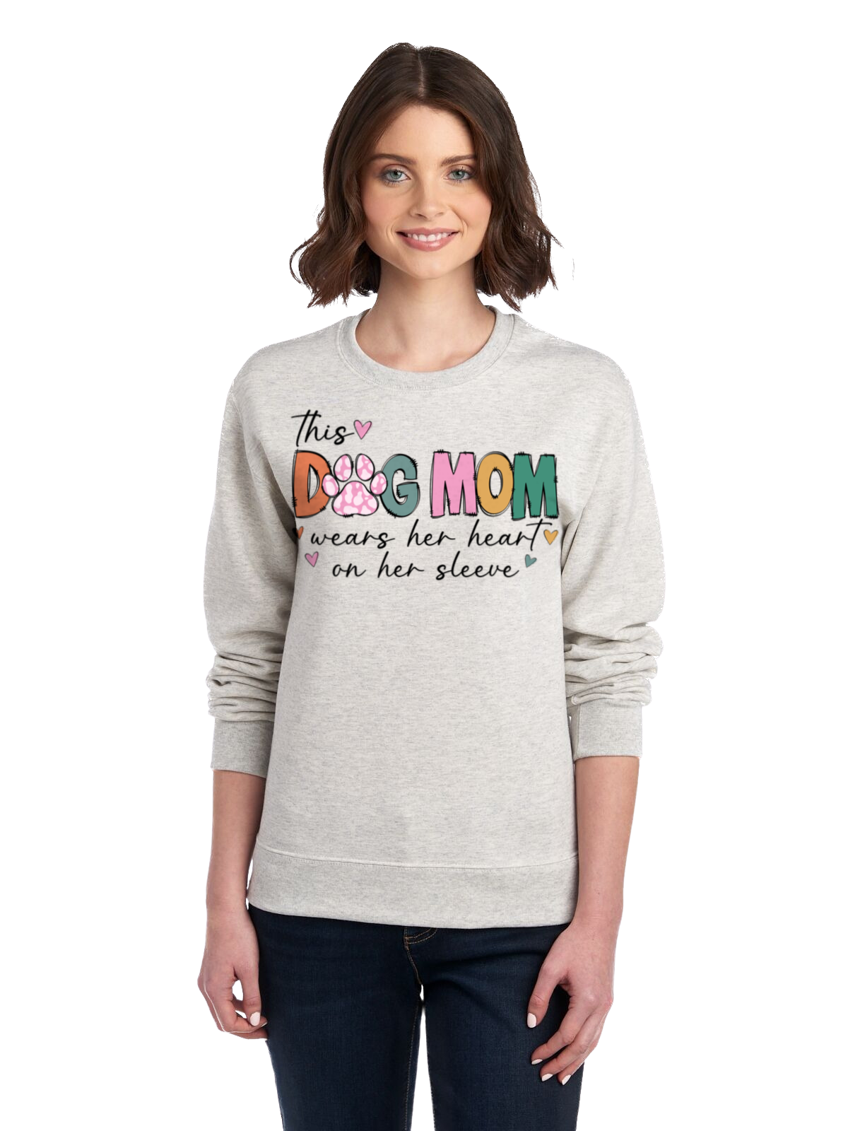 "This Dog Mom Wears Her Heart On Her Sleeve" in Oatmeal Heather Personalized Dog Name Sweatshirt in Oatmeal Heather| Custom Dog Mom Sweatshirt – Personalized Paw Prints & Name