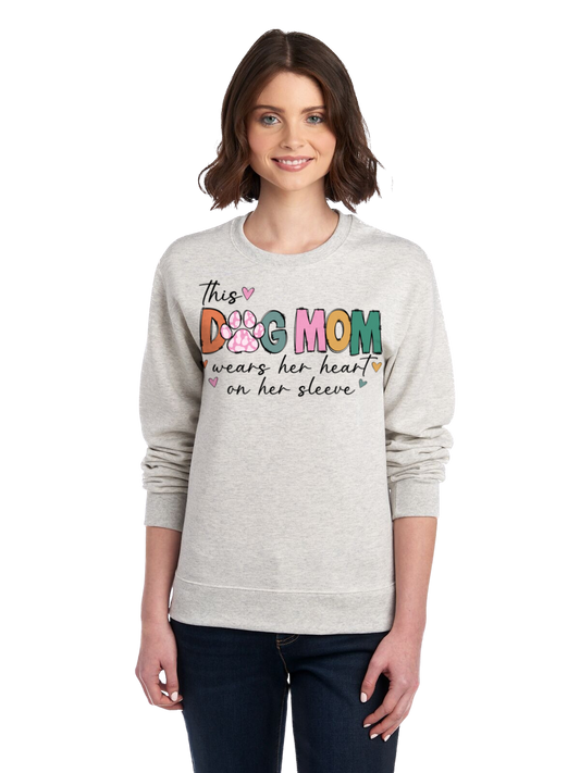 "This Dog Mom Wears Her Heart On Her Sleeve" in Oatmeal Heather Personalized Dog Name Sweatshirt in Oatmeal Heather| Custom Dog Mom Sweatshirt – Personalized Paw Prints & Name