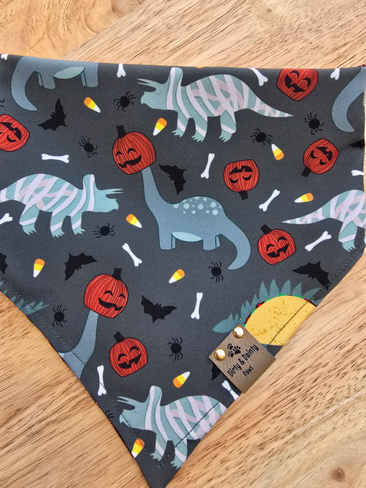 Dino Pumpkin Heads | Plaid ZoomieProof™ Reversible Scrunchie Dog Bandana