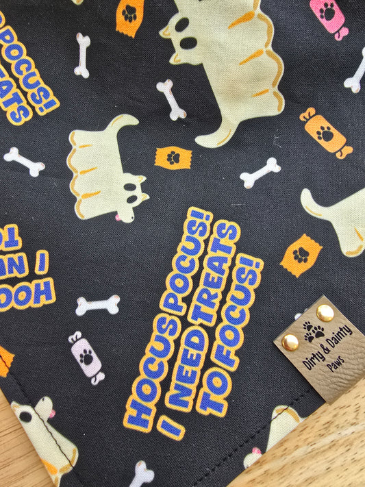 Hocus Pocus I Need Treats To Focus| Halloween Plaid Cozy Cotton Reversible Scrunchie Dog Bandana