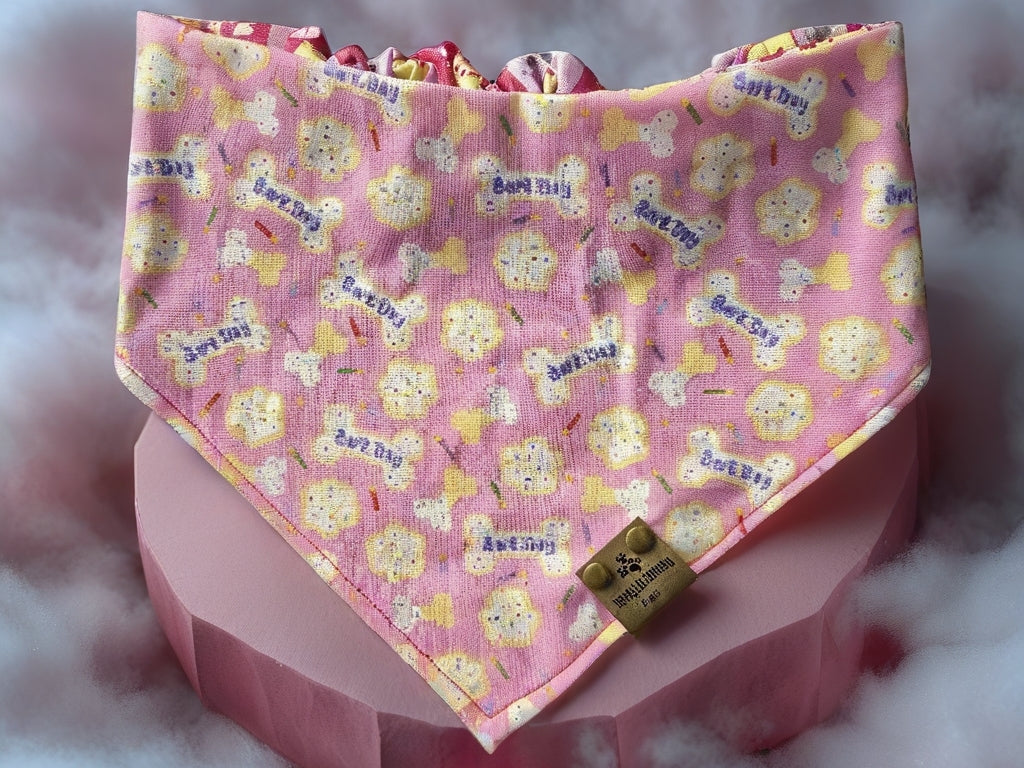 Barkday pink/Blue Reversible Scrunchie Dog Bandana