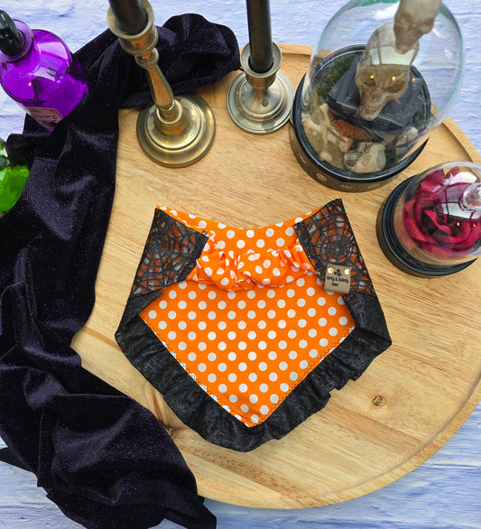 Polka Dots and Lacey Spiderwebs Ruffle Reversible Scrunchie Dog Bandana