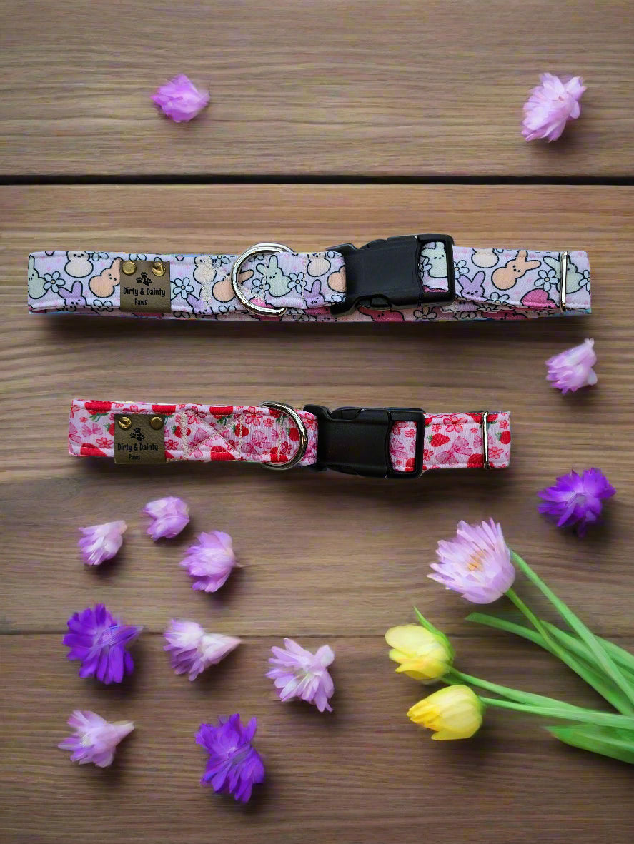 Strawberries and Bows Neoprene Dog Collar featuring a cute strawberry and bow pattern with a soft, padded neoprene lining.